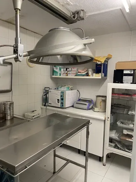 Sala de exploración veterinaria con mesa de acero, esterilizadores y lámpara quirúrgica de techo. Armarios y azulejos blancos.