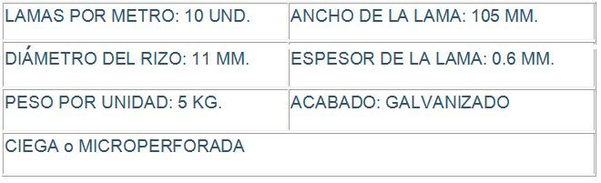 A table that says lamas por metro ancho de la lama and peso por unidad
