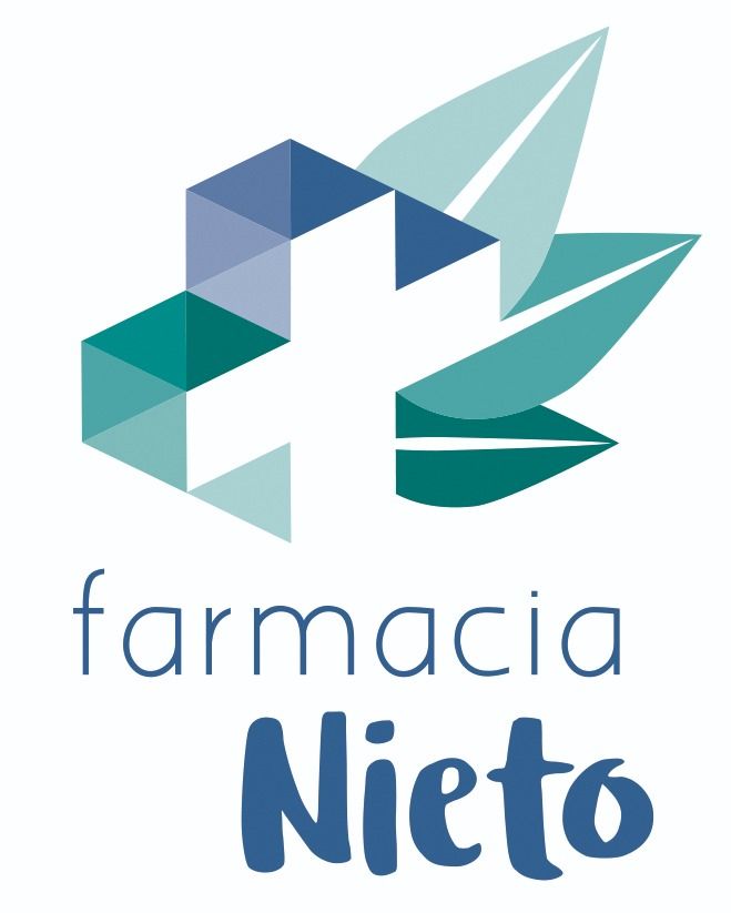 Un logotipo para farmacia nieto con una cruz y hojas.