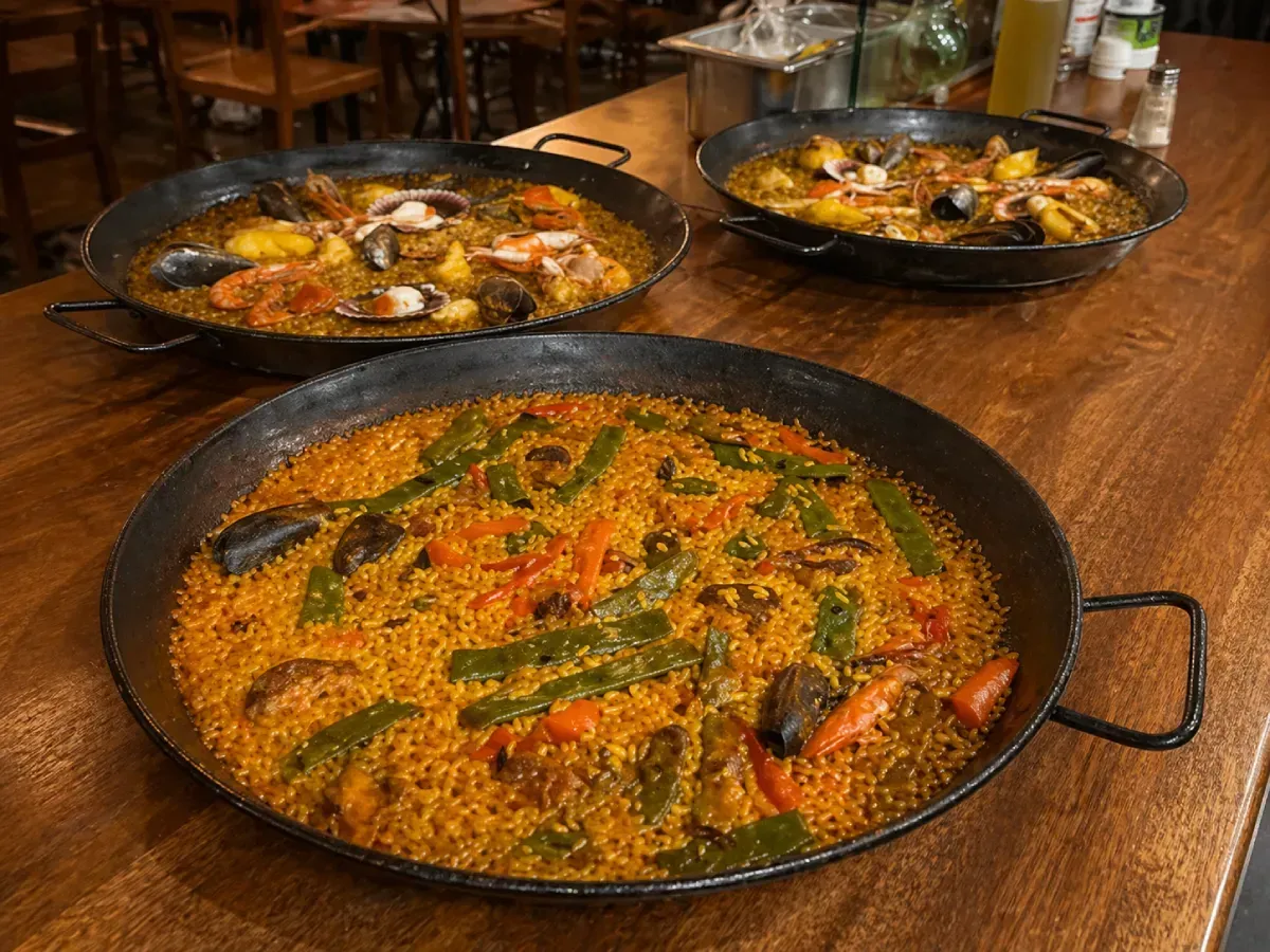 Paella de marisco en sartén negra con gambas y rodajas de limón.