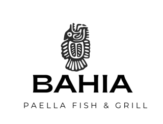 Logotipo de Bahia Paella Fish & Grill con un pez estilizado en color negro sobre el nombre del restaurante.