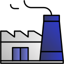 eine Cartoon-Illustration eines Fabrikgebäudes mit einem blauen Schornstein .