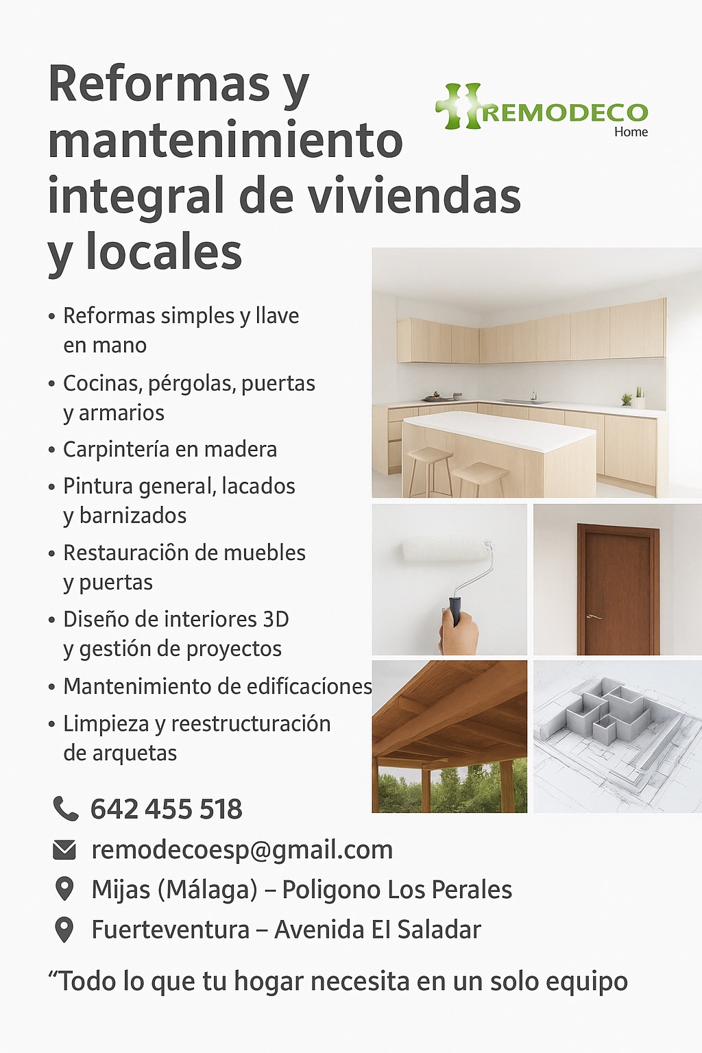 Anuncio de servicios de reforma y mantenimiento de viviendas con imágenes de ejemplo.