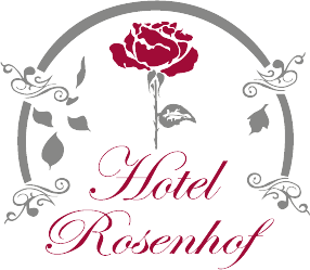 Logo des „Hotel Rosenhof“: eine rote Rose, grauer Rahmen und Schreibschrift.