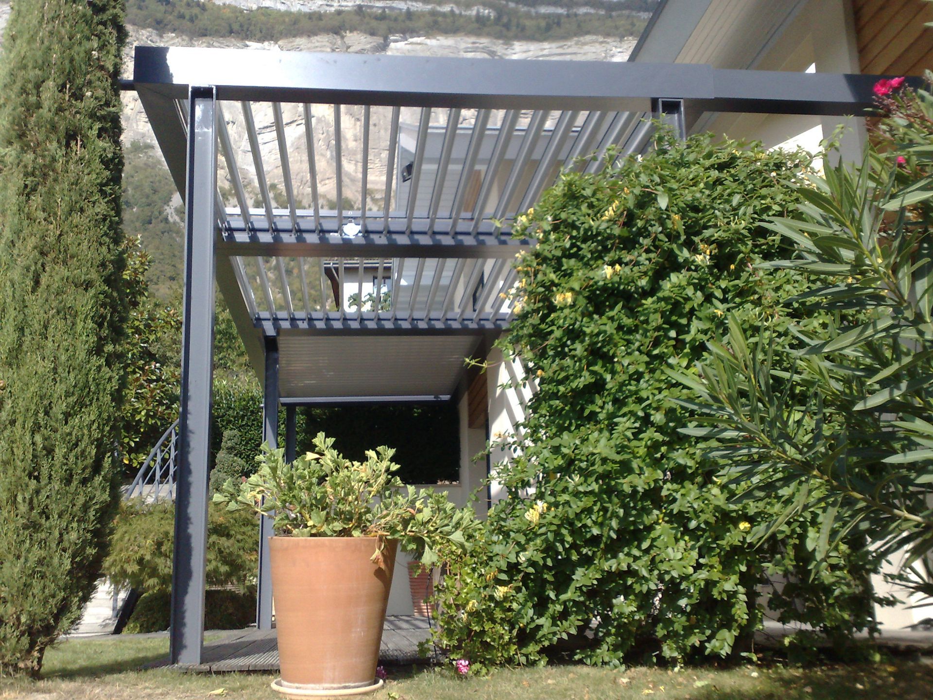 Plusieurs arbustes autour d'une pergola