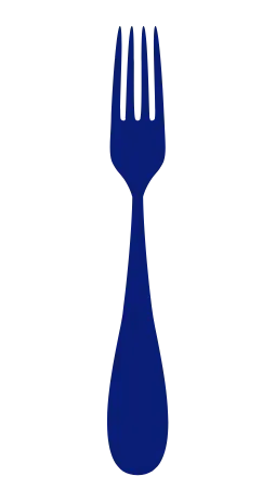 Un tenedor azul se recorta contra un fondo blanco.