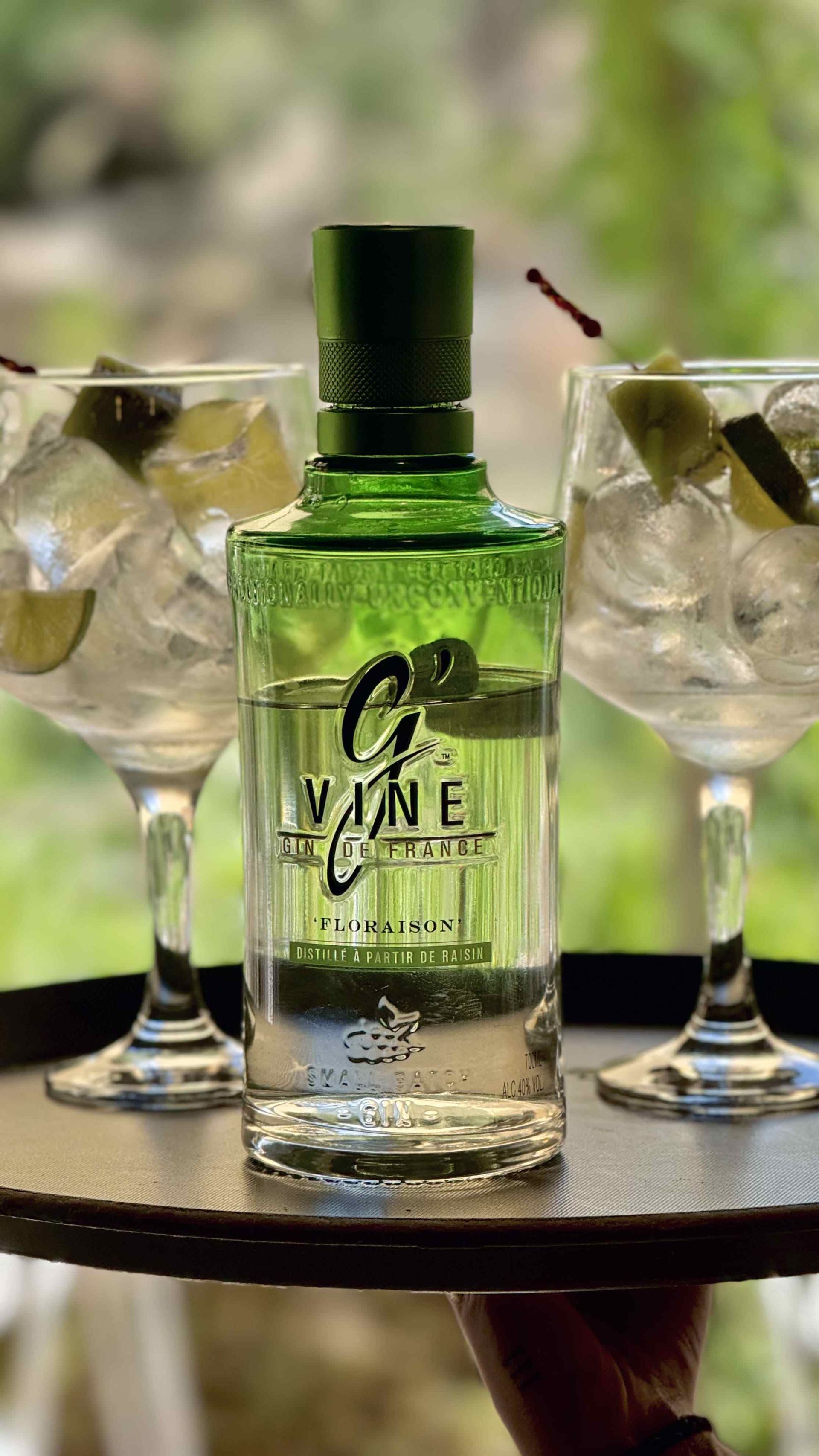 Una botella de ginebra y dos vasos de ginebra en una bandeja.