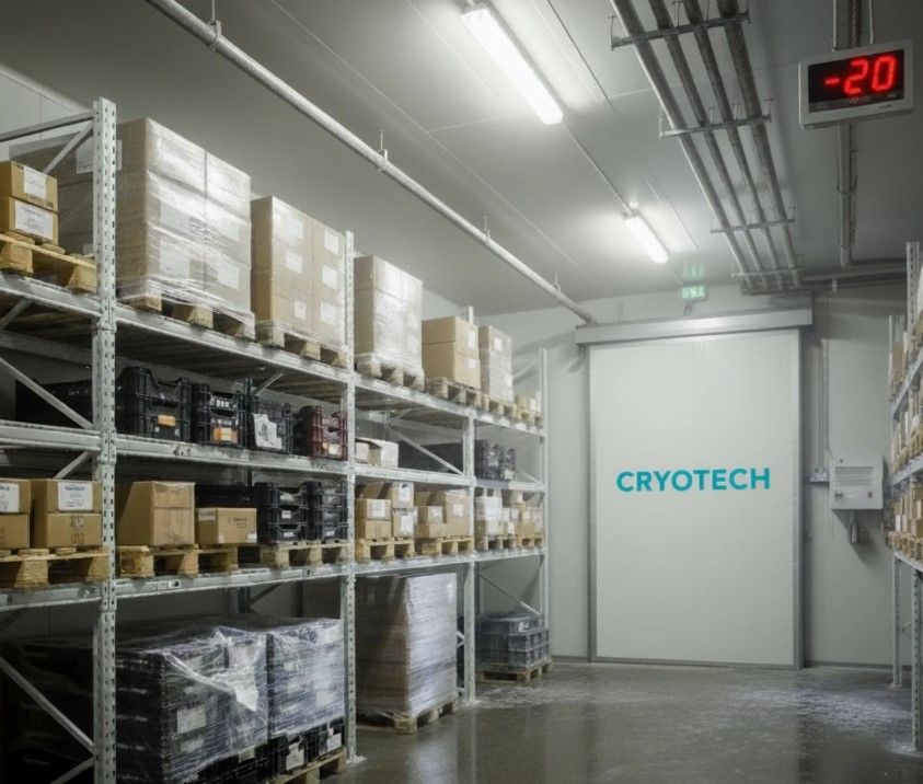 Cámara frigorífica con palés de productos en cajas; la temperatura indicada en el display es de -20ºC.