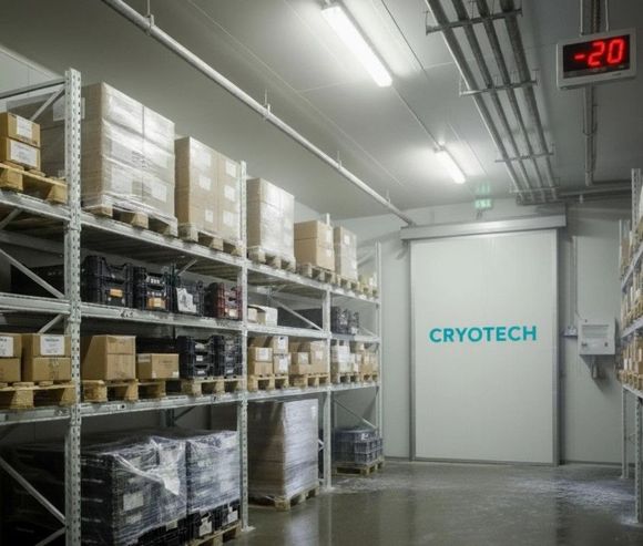 Cámara frigorífica con palés de productos en cajas; la temperatura indicada en el display es de -20ºC.