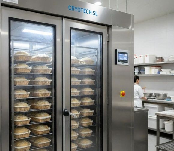 Un congelador comercial lleno de pan, al lado de una persona con uniforme blanco en una panadería.