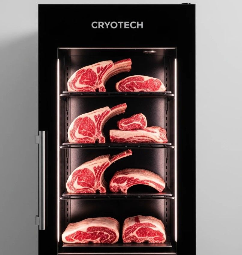 Vitrina de carne negra con diversos cortes de carne cruda, iluminada en los estantes. Logotipo