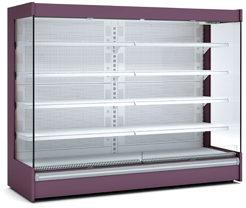 Vitrina refrigerada de color morado con laterales de cristal y múltiples estantes.