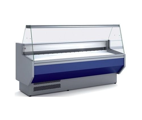 Vitrina refrigerada con panel azul, frente de cristal, utilizada para venta minorista de alimentos.
