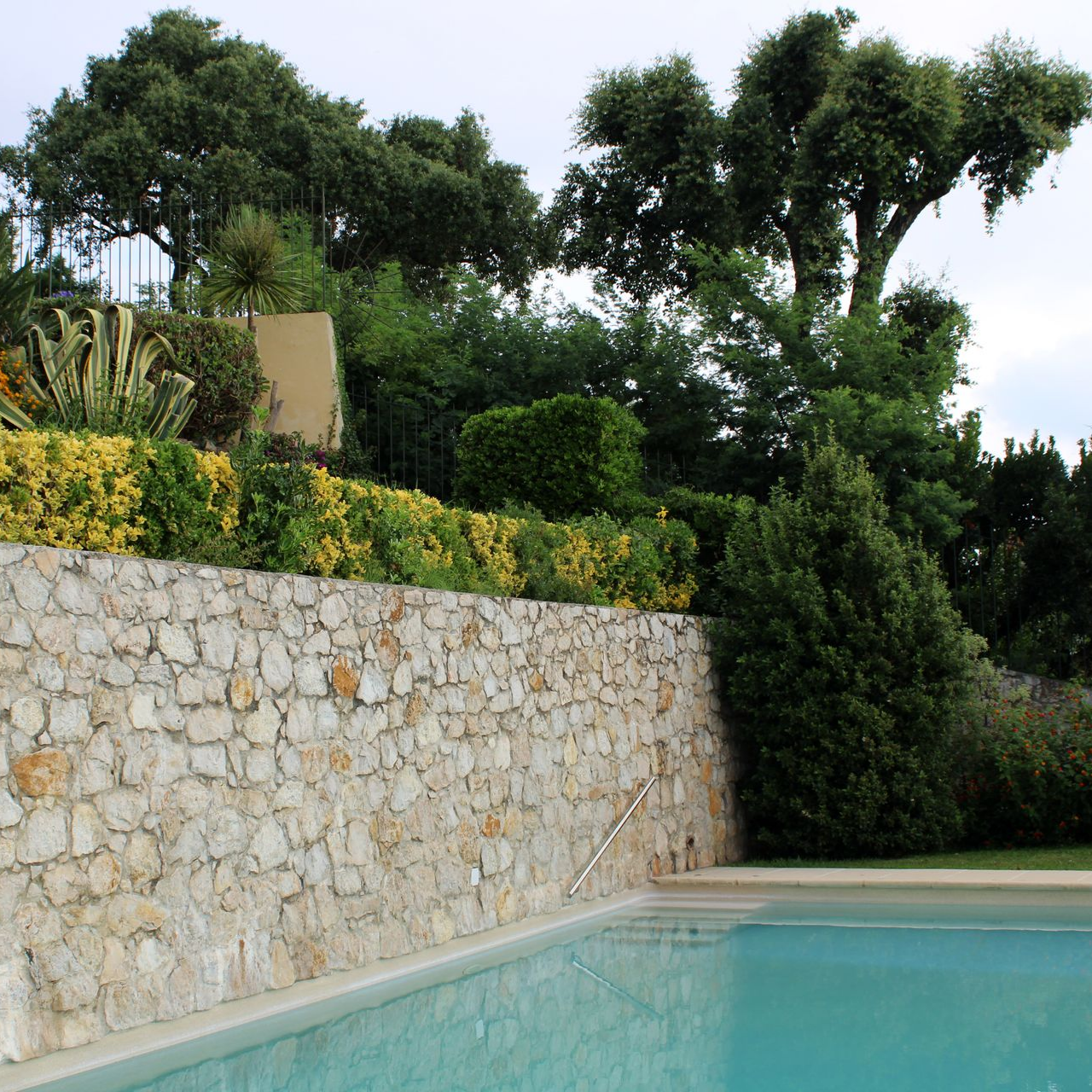 Mur en pierre bordant une piscine, surmonté d'arbustes et d'arbres verts et jaunes.