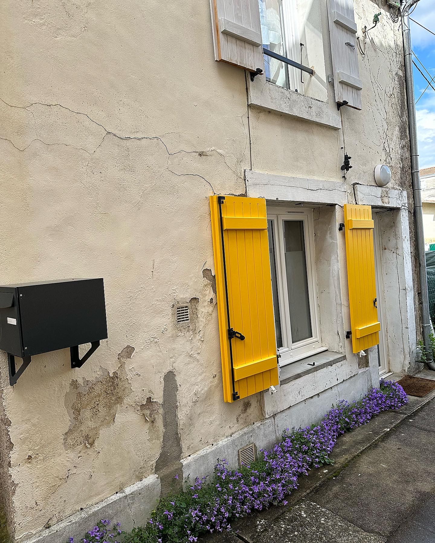 Bâtiment avec des volets jaunes, une boîte aux lettres noire et des fleurs violettes.