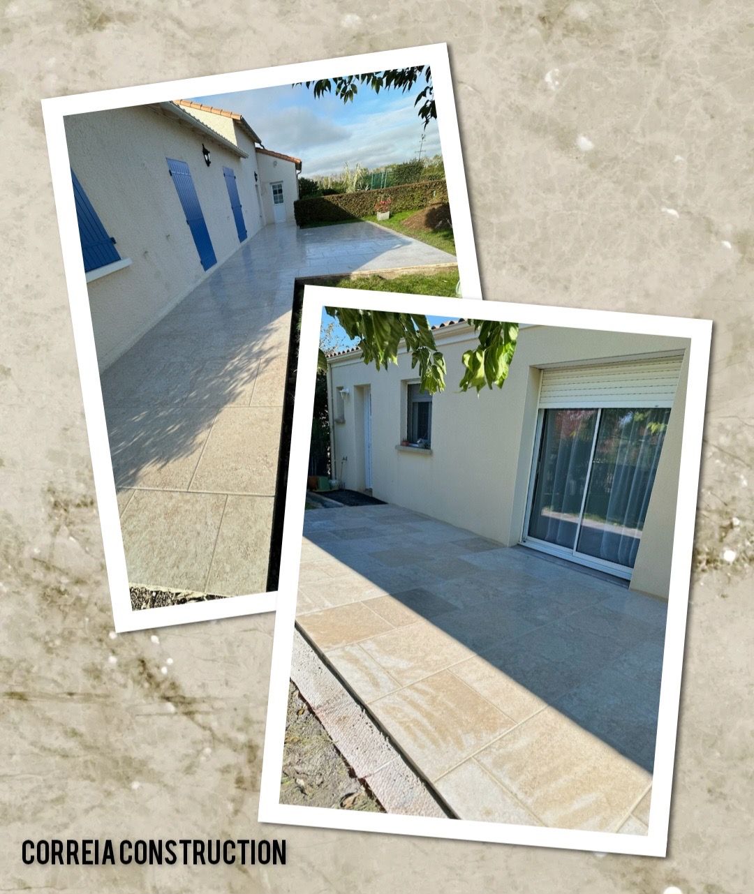 Deux photos montrent une maison claire avec une terrasse carrelée. Sur l'une d'elles, on aperçoit des volets bleus aux fenêtres.