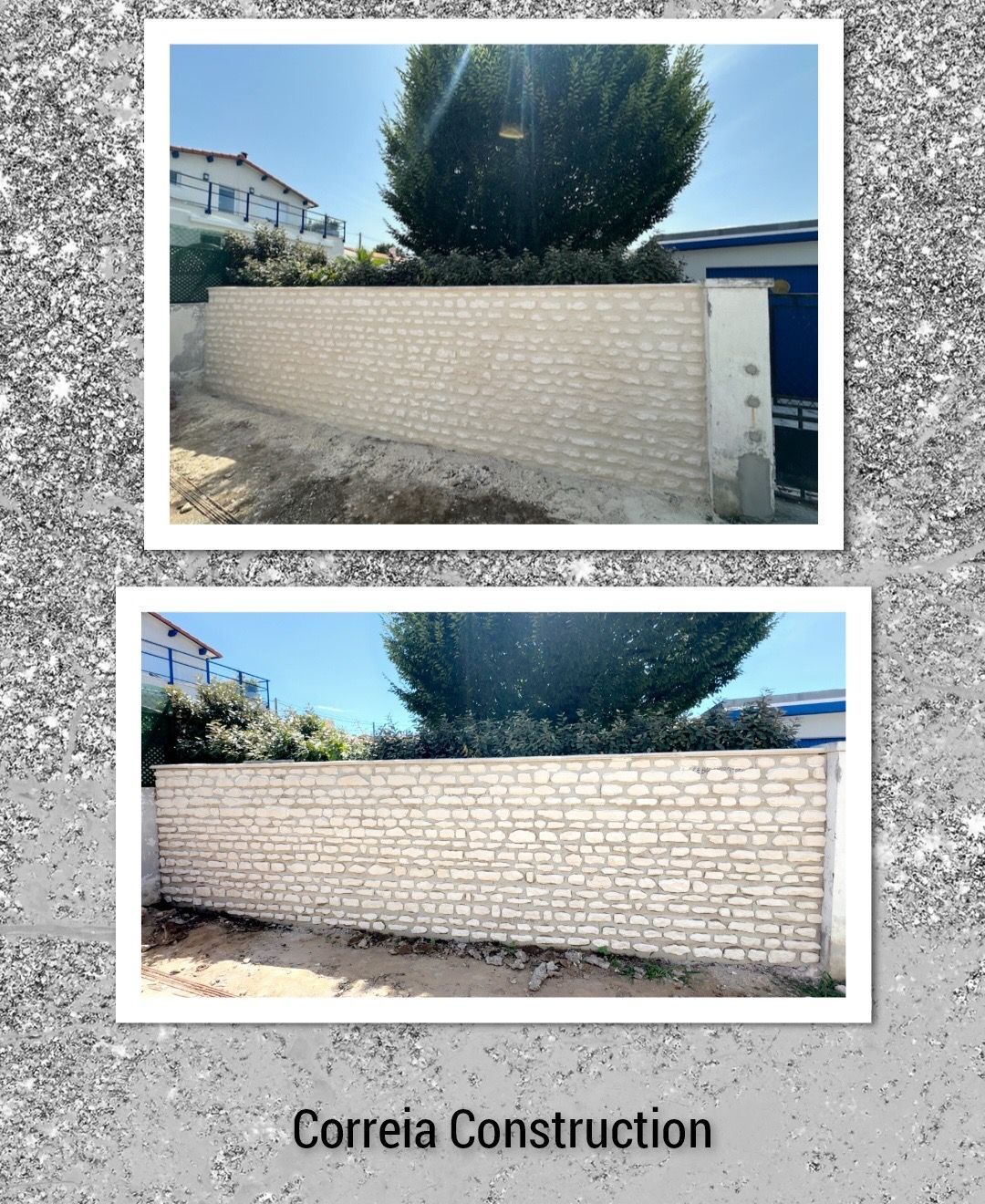 Deux photos d'un mur de briques beiges sous un ciel bleu, avec de la verdure en arrière-plan. « Correia Construction » en bas.
