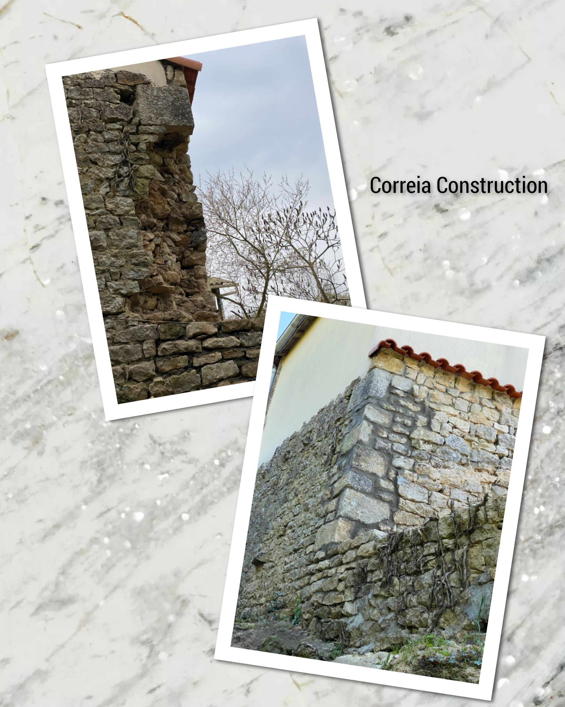 Deux murs de pierre inclinés, en pierre beige et grise, l'un avec un toit de tuiles rouges, et un arbre en arrière-plan.