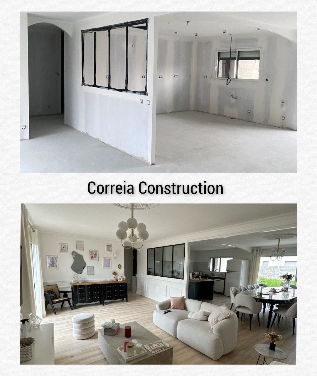 Photos avant et après rénovation d'un espace de vie : cloisons sèches, fenêtre à cadre métallique, et aménagement avec meubles et décoration.