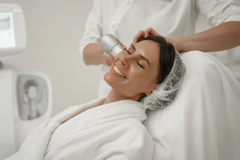 Mujer recibiendo tratamiento láser facial en un spa, con los ojos cerrados y sonriendo.