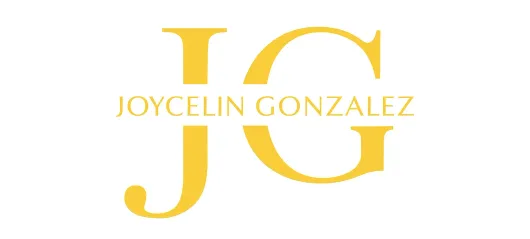 Iniciales "JG" en amarillo con el nombre "JOYCELIN GONZALEZ" en fuente más pequeña, todo en blanco.