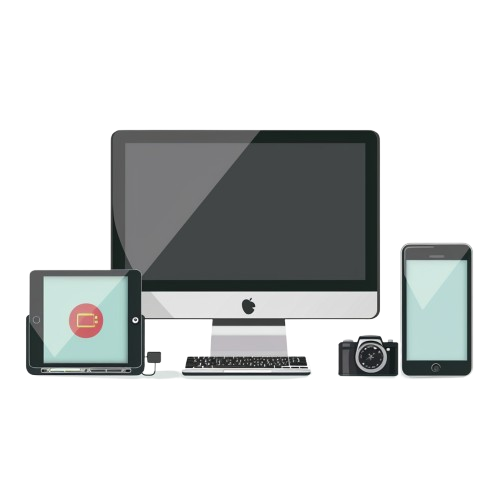 Una computadora, una tableta, un teléfono y una cámara están uno al lado del otro sobre un fondo blanco.