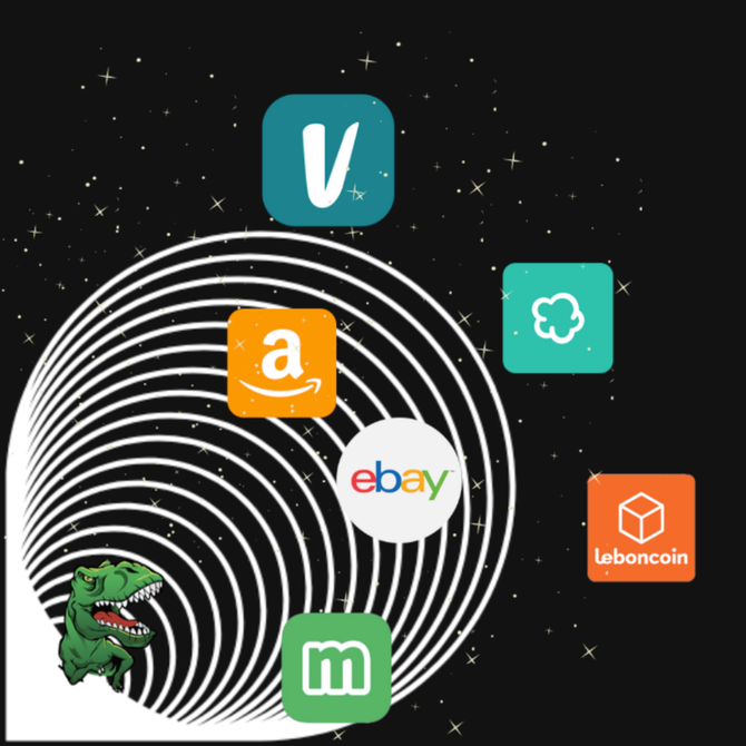 Illustration showing marketplaces like Amazon, eBay, Vinted, Wallapop and Leboncoin connected through a fingerprint spiral, symbolizing Renabled’s automation and resale process
