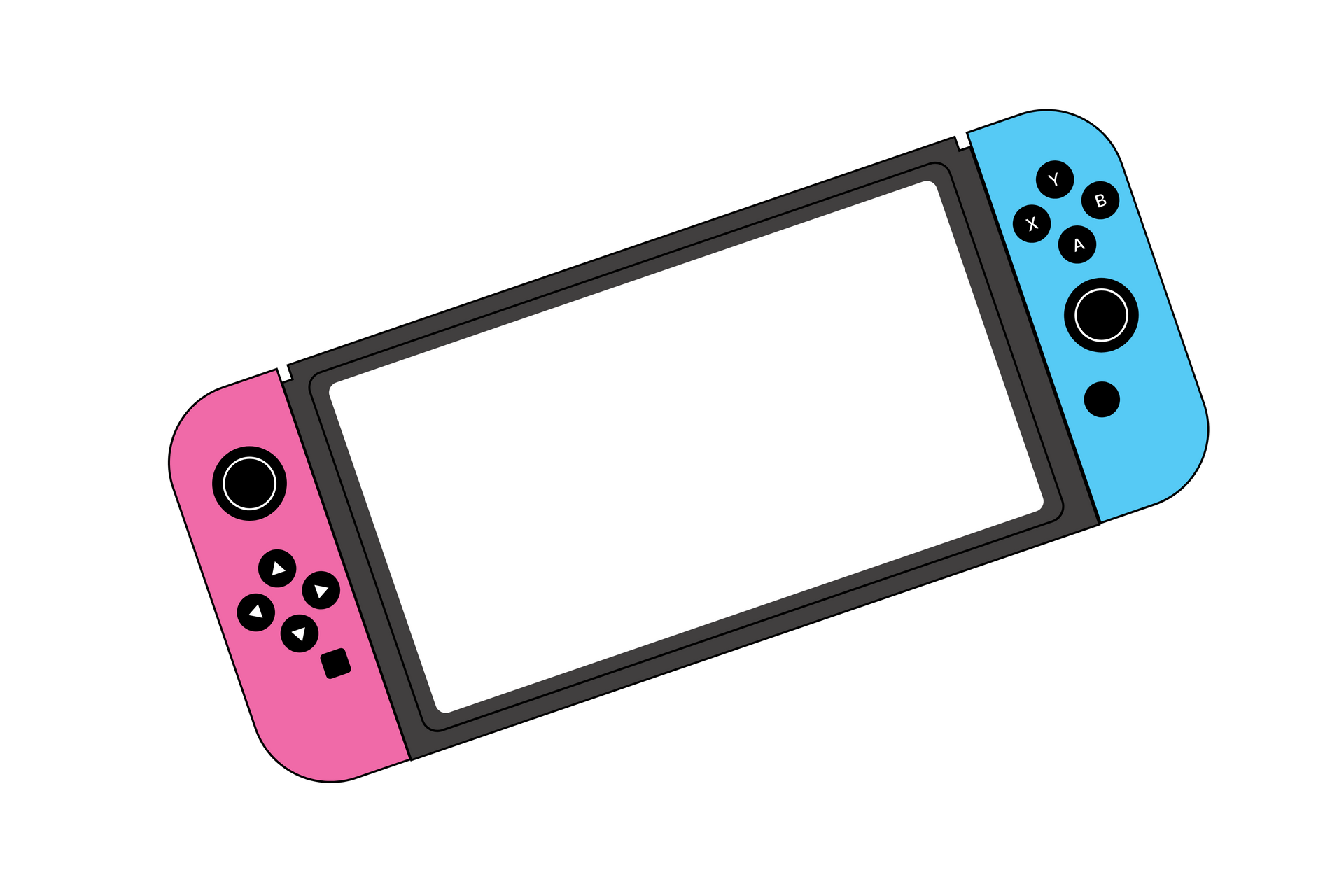 Un Nintendo Switch rosa y azul con una pantalla blanca sobre un fondo blanco.