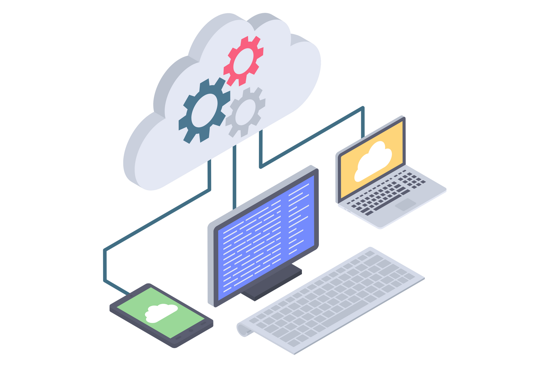 Una computadora, una computadora portátil, una tableta y un teléfono están conectados a una nube.