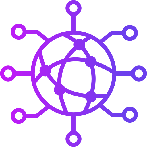 Un icono morado de un globo rodeado de círculos y líneas.