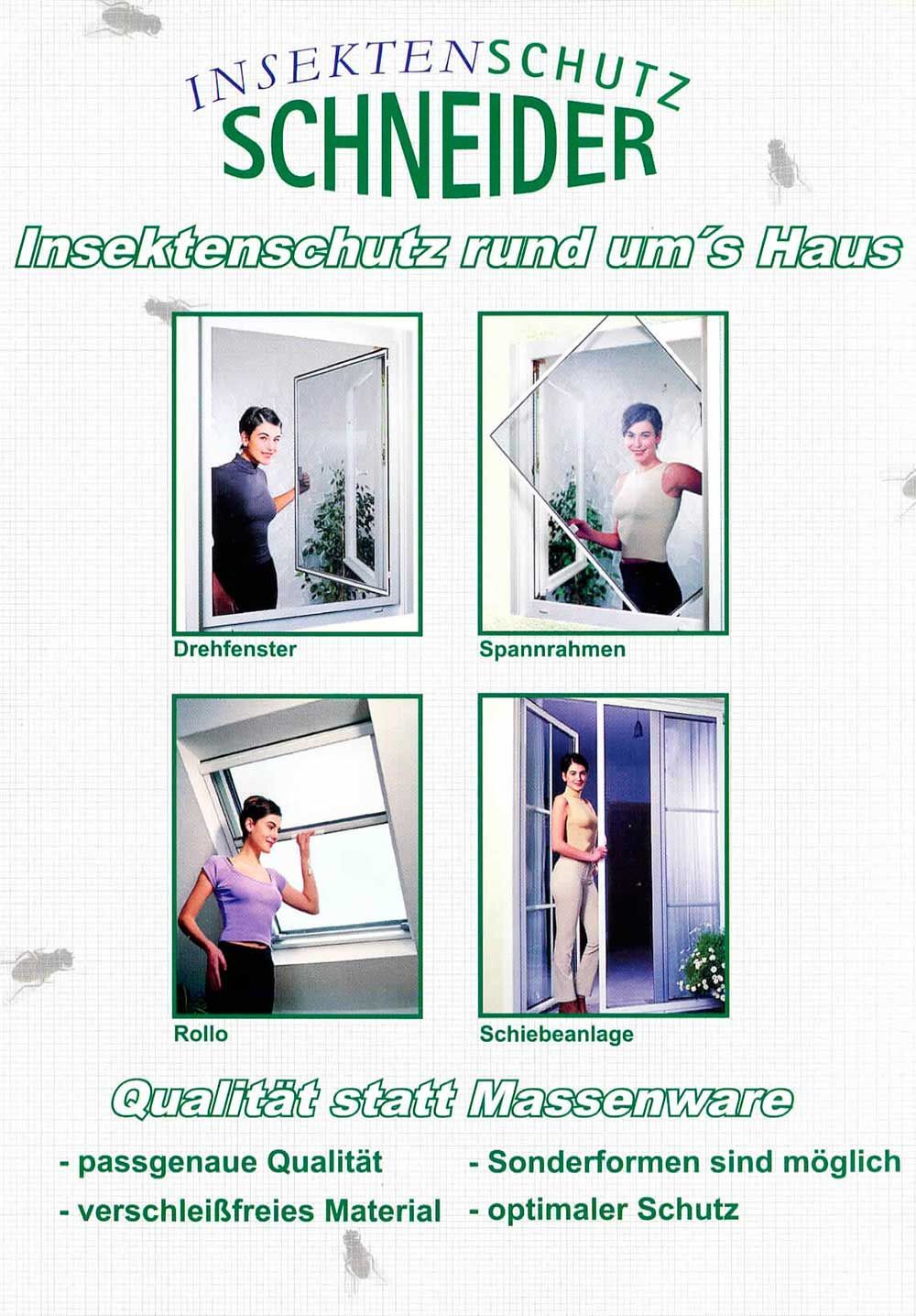 Johannes Schneider Insektenschutz, Estenfeld | eigene Herstellung eigener Montageservice Reparaturservice Fliegengitter für Fenster und Türen Insektenschutz-Rollo für Dachfenster Plissees Drehtüren, Pendeltüren Schiebetüren, Schiebeanlagen Lichtschachtabdeckungen
