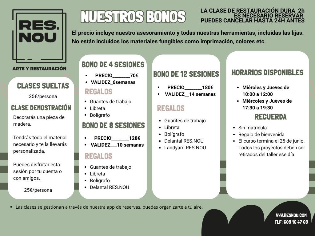 Gráfico promocional de las clases de arte de RES.NOU. Se detallan las ofertas de clases, demostraciones y horarios.