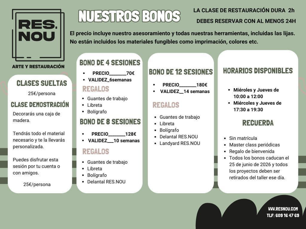 Gráfico promocional de las clases de arte de RES.NOU. Se detallan las ofertas de clases, demostraciones y horarios.