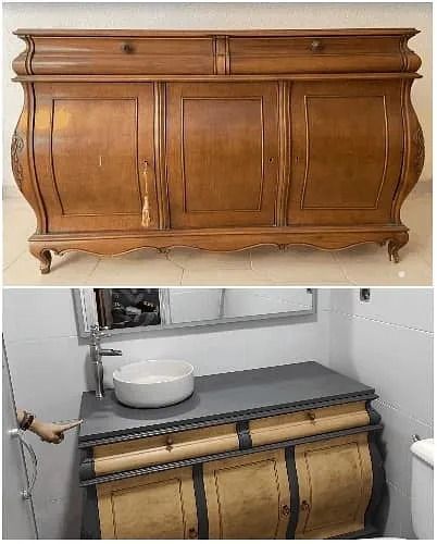 Una fotografía de antes y después de una cómoda de madera y un lavabo de baño.
