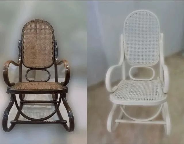 Una mecedora con asiento y respaldo de mimbre y una mecedora blanca con asiento y respaldo de mimbre.