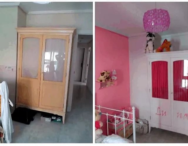 Una foto de antes y después del dormitorio de un niño.