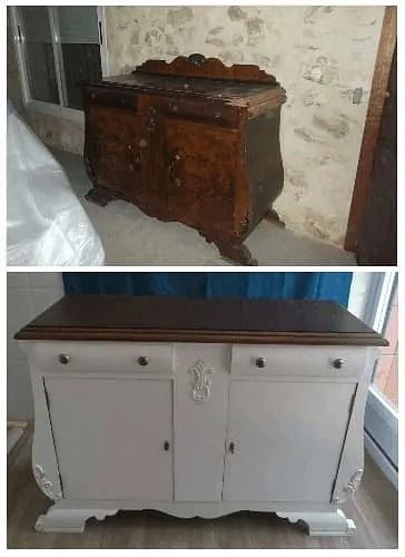 Una fotografía de antes y después de una cómoda que ha sido pintada de blanco.