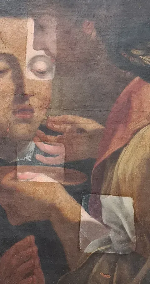 Un primer plano de una pintura de un hombre con una máscara en la cara.