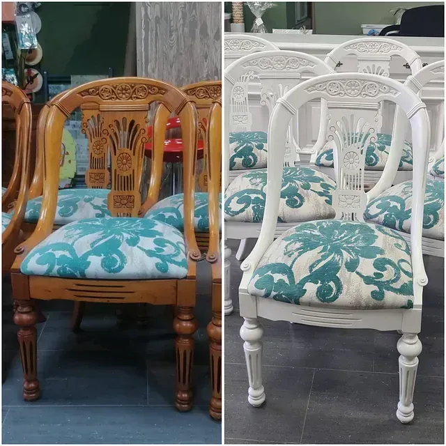 Una foto de antes y después de una silla de comedor.