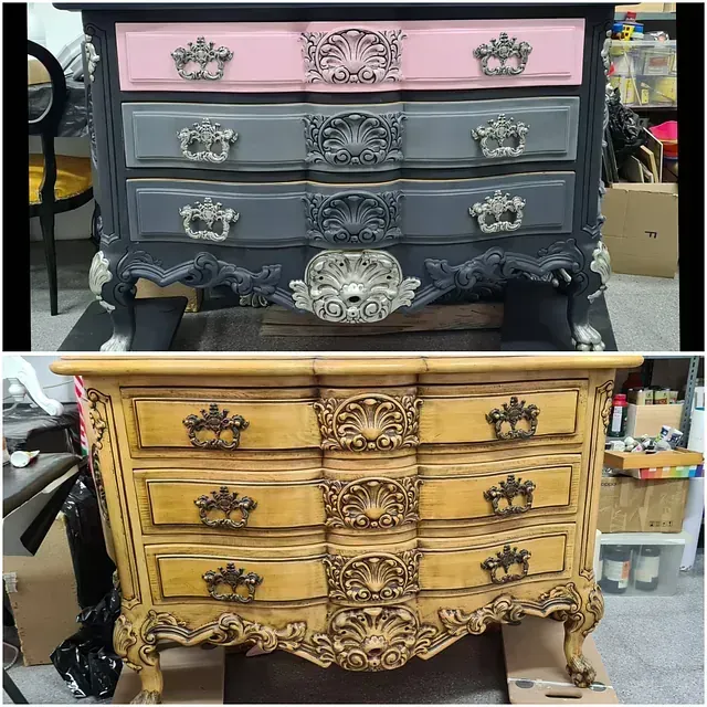 Dos fotografías de una cómoda antes y después de ser pintada.