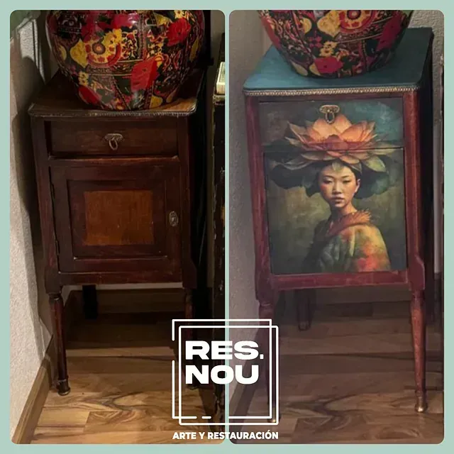 Una foto de antes y después de una mesa con una pintura de una mujer sobre ella.