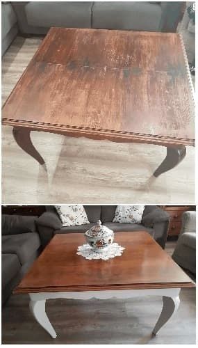 Una fotografía de antes y después de una mesa de café de madera en una sala de estar.