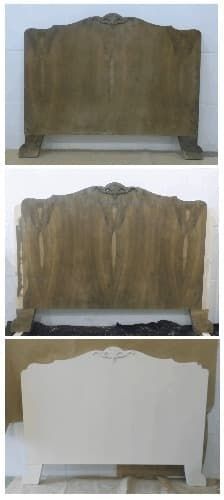 Un collage de tres imágenes de una cabecera de madera en proceso de pintura.