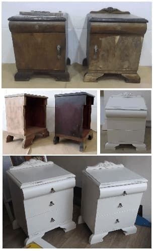 Un collage de tres fotografías de una mesita de noche antes y después de ser pintada.