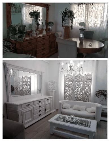 Una foto de antes y después de una sala de estar y comedor.
