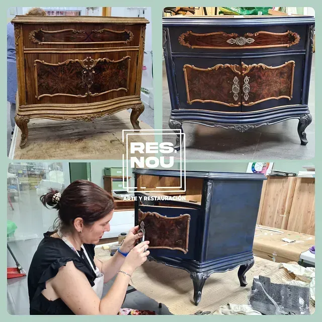 Una mujer está pintando una mesita de noche en un taller.