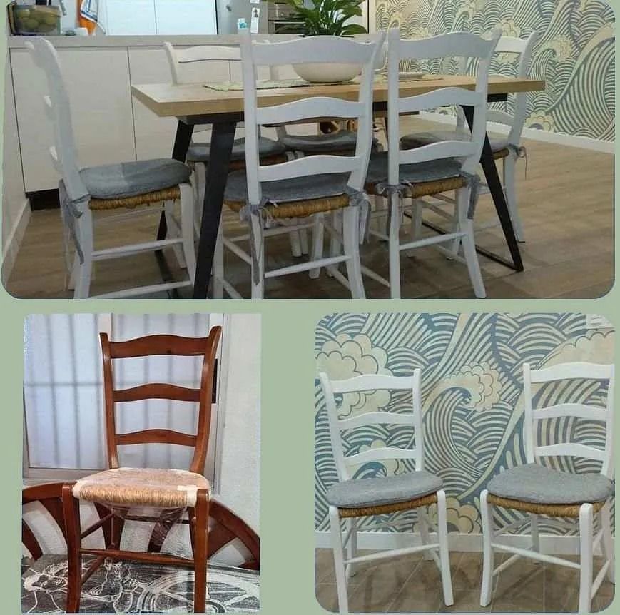 Un collage de cuatro imágenes de sillas y una mesa.