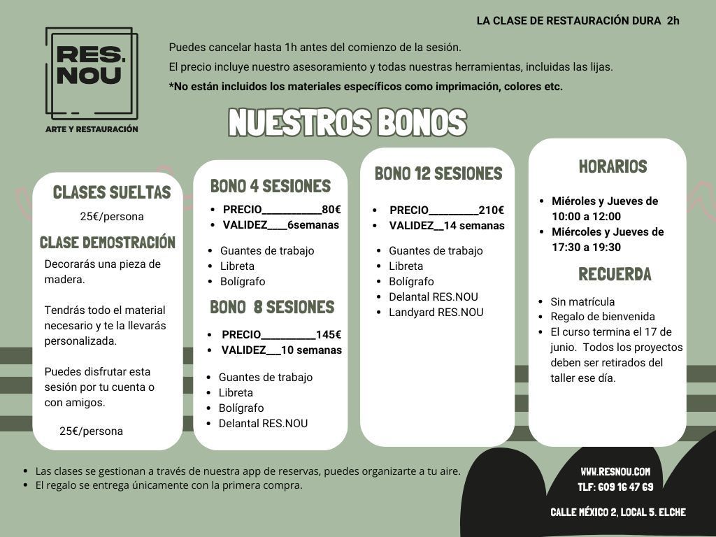 Gráfico promocional de las clases de arte de RES.NOU. Se detallan las ofertas de clases, demostraciones y horarios.