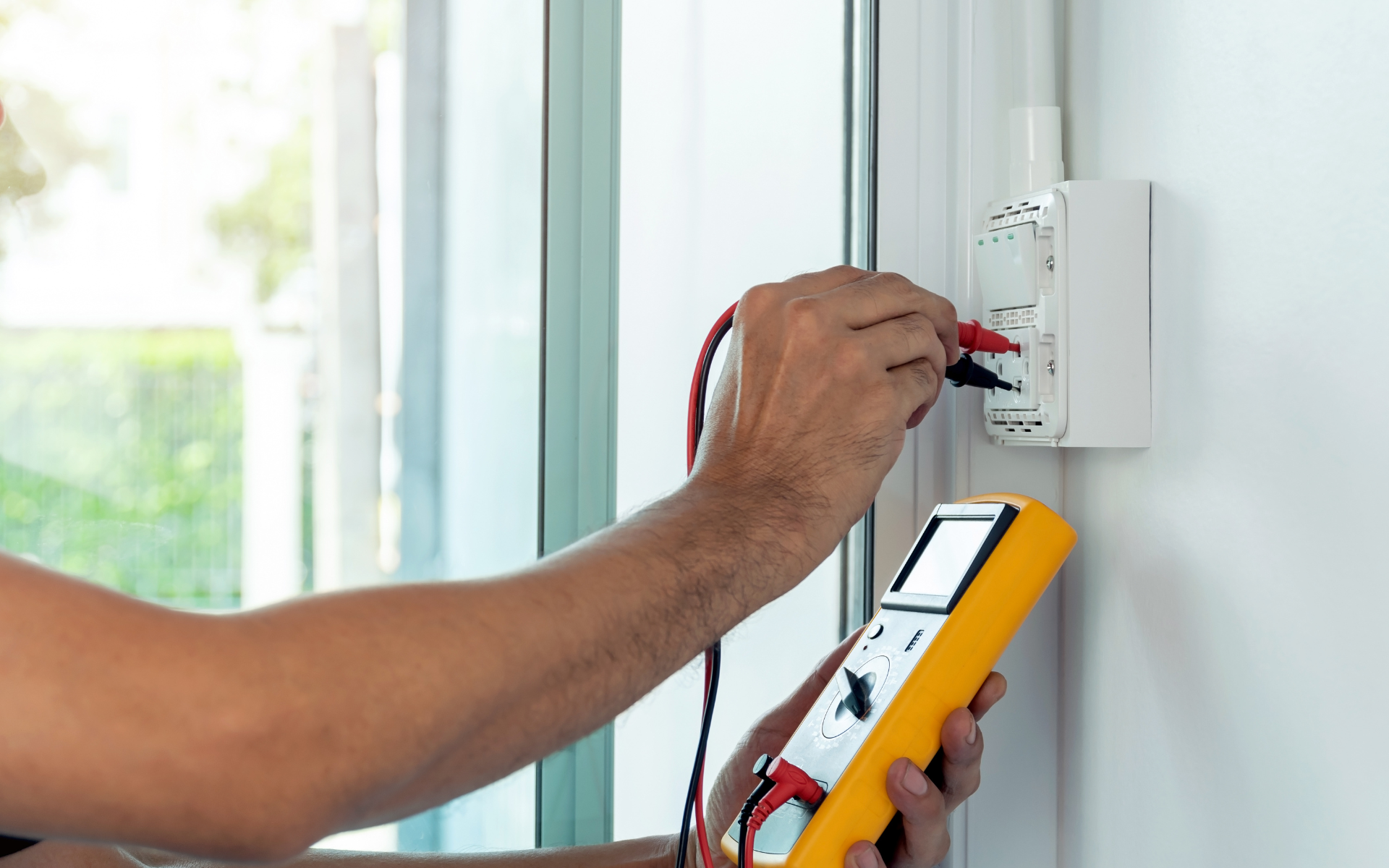 Personne utilisant un multimètre pour tester une prise électrique sur un mur blanc.
