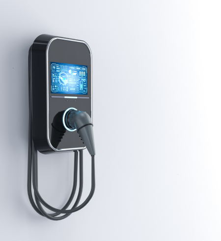 Chargeur EV noir monté sur un mur blanc, câble connecté au port de charge, écran éclairé.